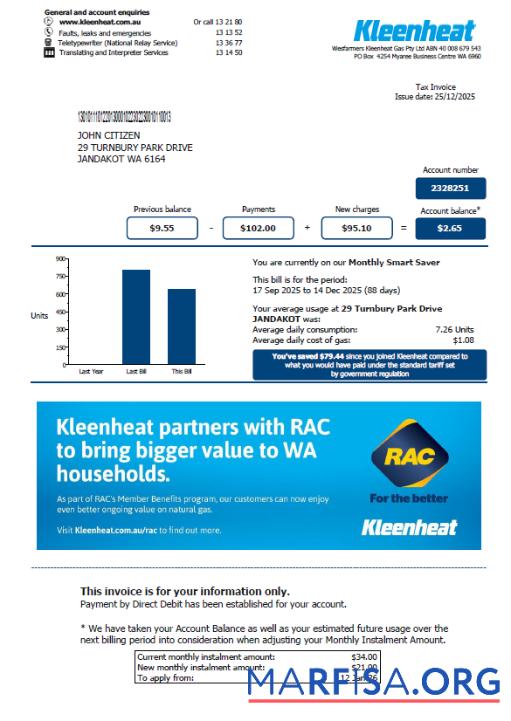 Downloadable Australia Kleenheat utility bill template in Word and PDF formats